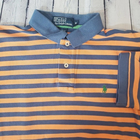 Polo‎ Ralph Lauren Medium Orange Blue Striped Polo Shirt 1/4 Button Short Sleeve - Picture 1 of 10